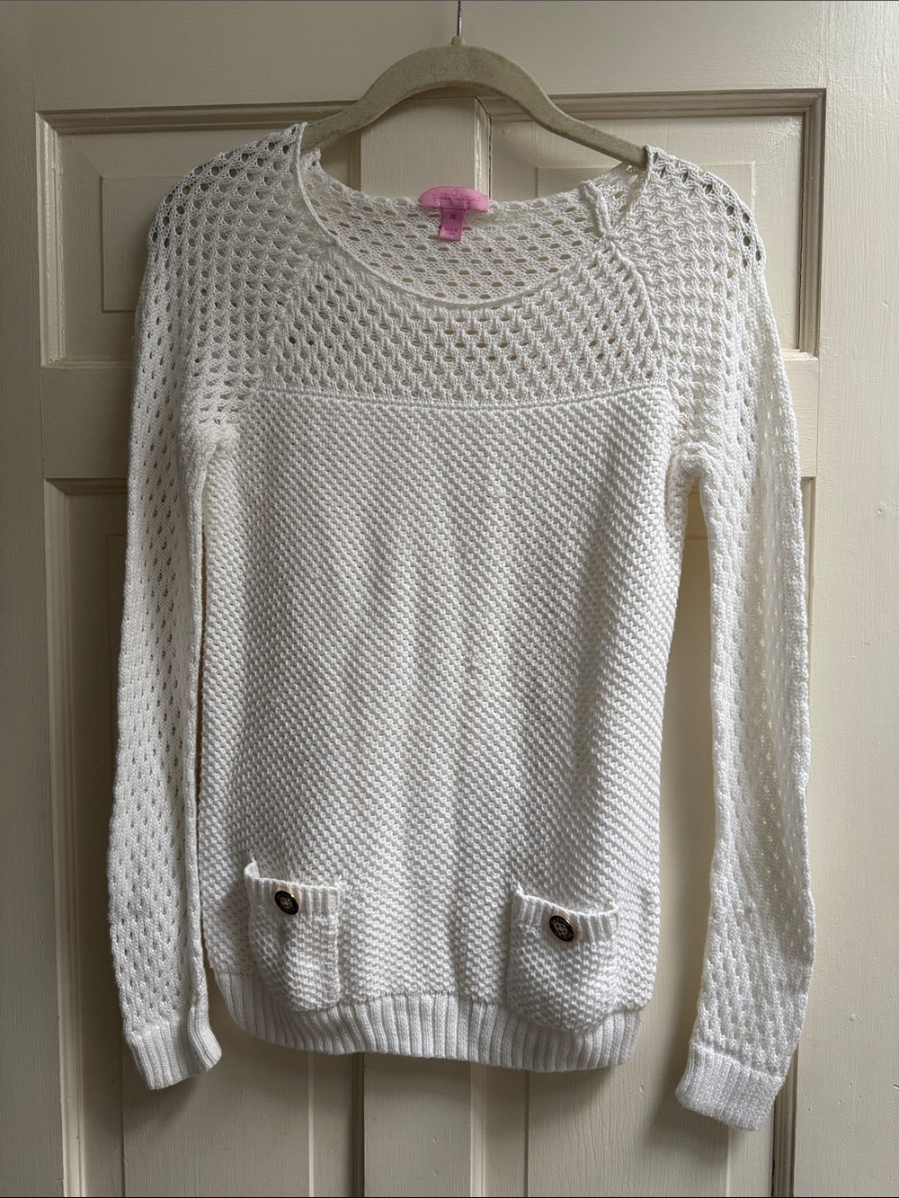Lilly Pulitzer Cream Open-Knit Crewneck Sweater with Front Pockets
